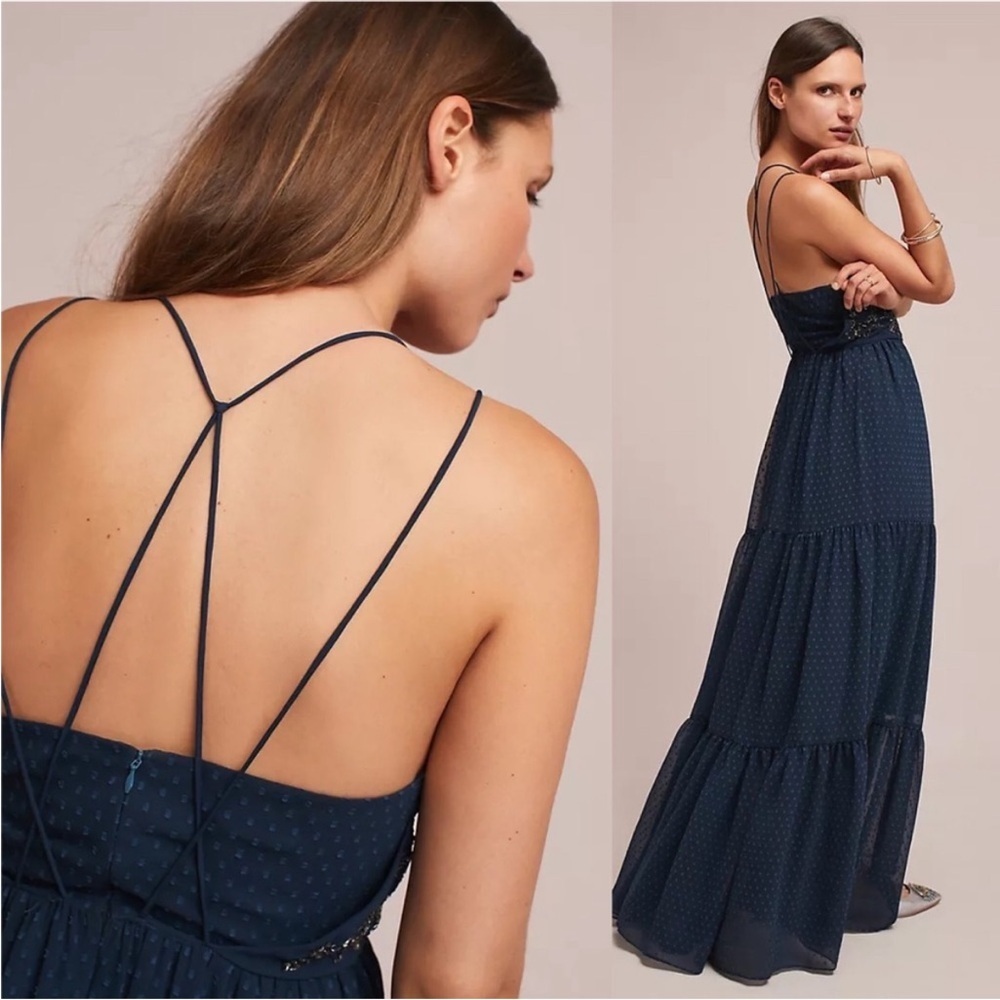 Ranna Gill Anthropologie Lucinda Beaded Bodice Tiered Swiss Dot Maxi Dress Sz 6 - Picture 2 of 12